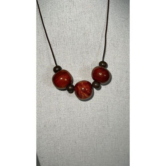 Handmade Necklace boho shabby chic clay wood beads rust leather choker 8.5” EUC - Picture 1 of 3